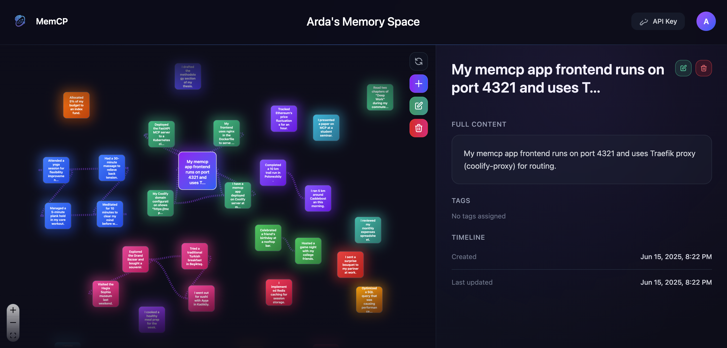 MemCP Dashboard showing memory graph visualization